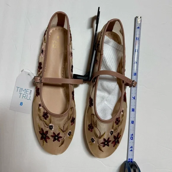 Time and Tru Women's Embroidered Flats - Beige and Burgundy - Picture 1 of 6